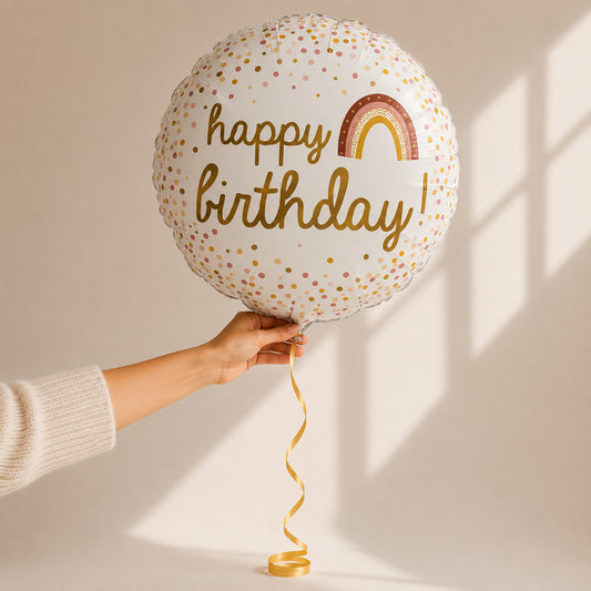 Ballon Happy Birthday La Boîte d'Amour - ballon rond bohème à pois beige, rose et or avec arc-en-ciel, gonflé à l'hélium