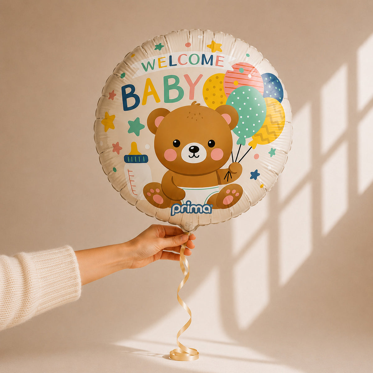 Ballon Welcome Baby La Boîte d'Amour - ballon rond ourson et ballons colorés, gonflé à l'hélium