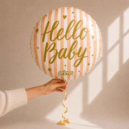 Ballon Hello Baby La Boîte d'Amour - ballon rond rayures pêche et or, gonflé à l'hélium