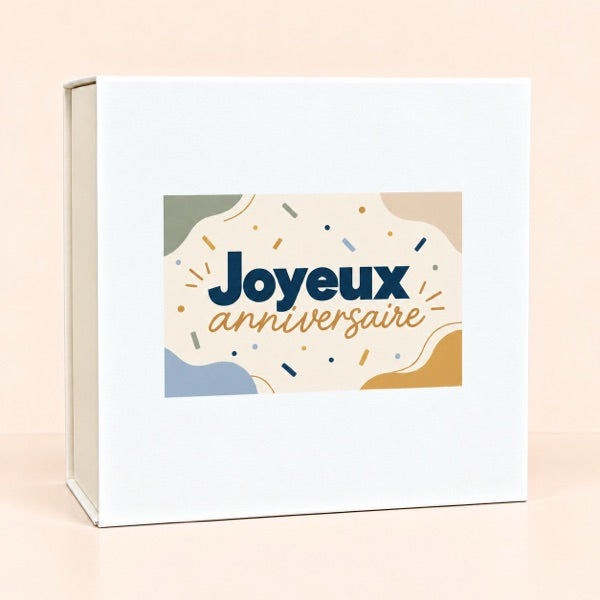 Boîte avec l'étiquette Joyeux anniversaire (bleu)