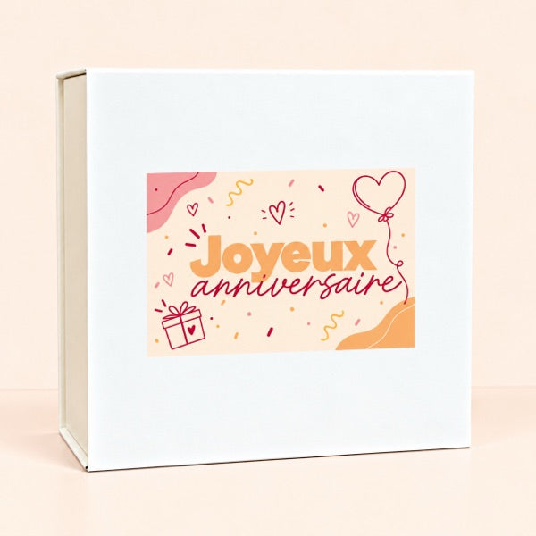 Boîte avec l'étiquette Joyeux anniversaire (rose)